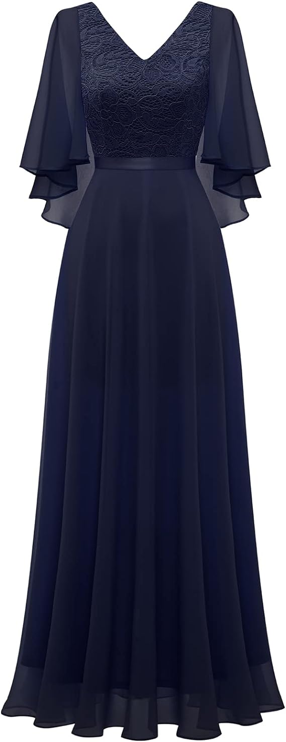 DRESSTELLS Navy Beach Wedding Dresses for Bride Women Formal Gowns and Evening Dresses V-Back Bridesmaid Lace Dress