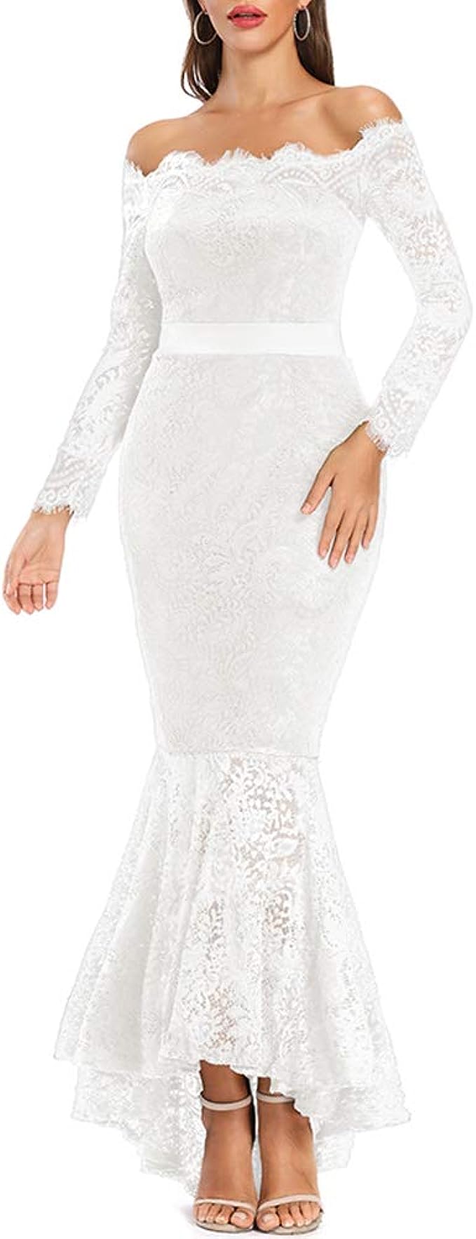 LALAGEN Women's Floral Lace Long Sleeve Off Shoulder Wedding Mermaid Dress (White, X-Large)