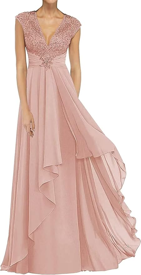Gralre Women's V Neck Lace Mother of The Bride Dresses Chiffon Prom Formal Dress Long Wedding Guest Dresses Dusty Rose US12