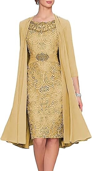AUPRP Gold Tea Length Mother of The Bride Dress