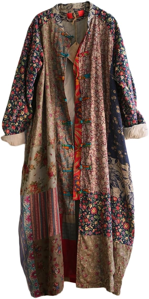 NFYM Women's Trench Coat Cotton Linen Floral Print Outwear