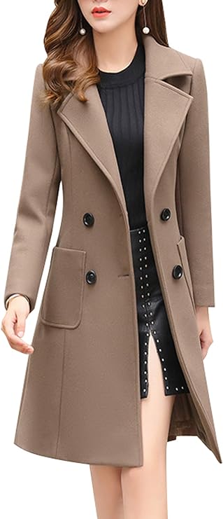 Chouyatou Women's Notched Collar Double Breasted Pea Coat