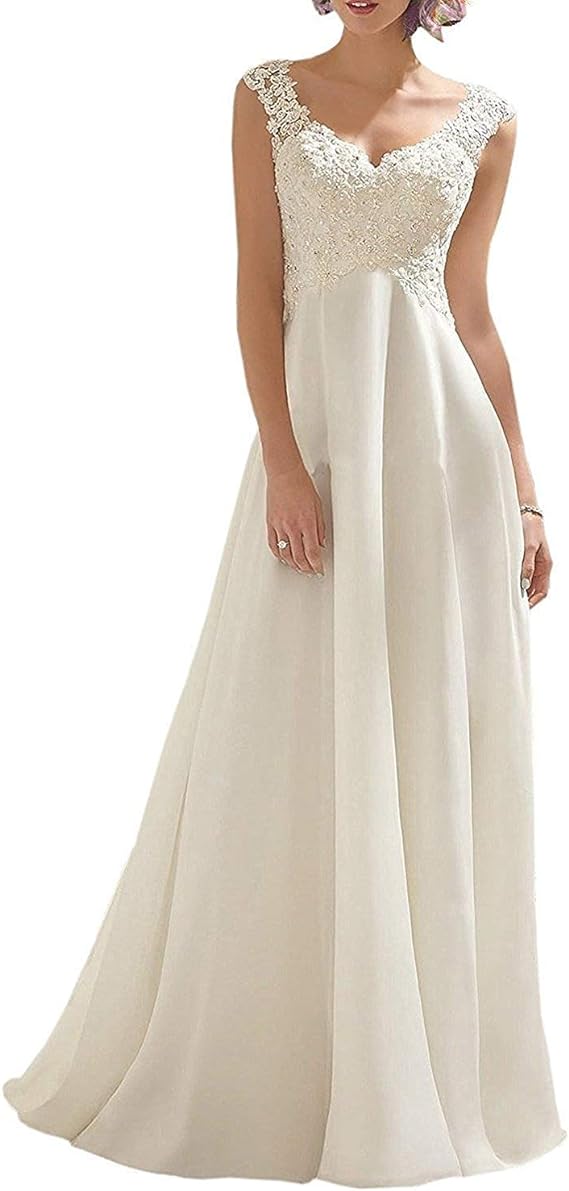Abaowedding Women's Wedding Dress Lace Double V-Neck Sleeveless Evening Dress (Ivory, 14)