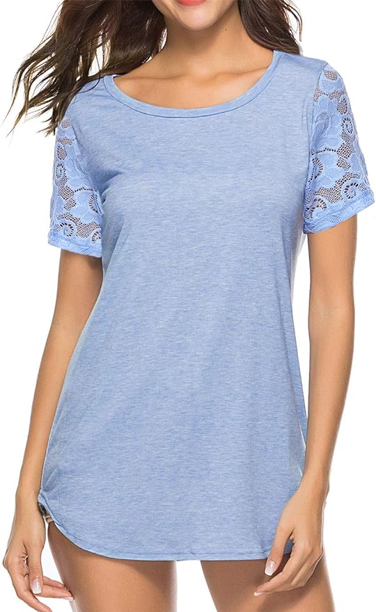 koitmy Women's Lace Short Sleeve Round Neck T-Shirt Casual Blouse Tunics Tops Light Blue
