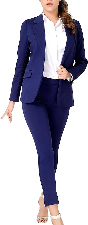 Marycrafts Women's Business Blazer Pant Suit Set for Work 4 Navy