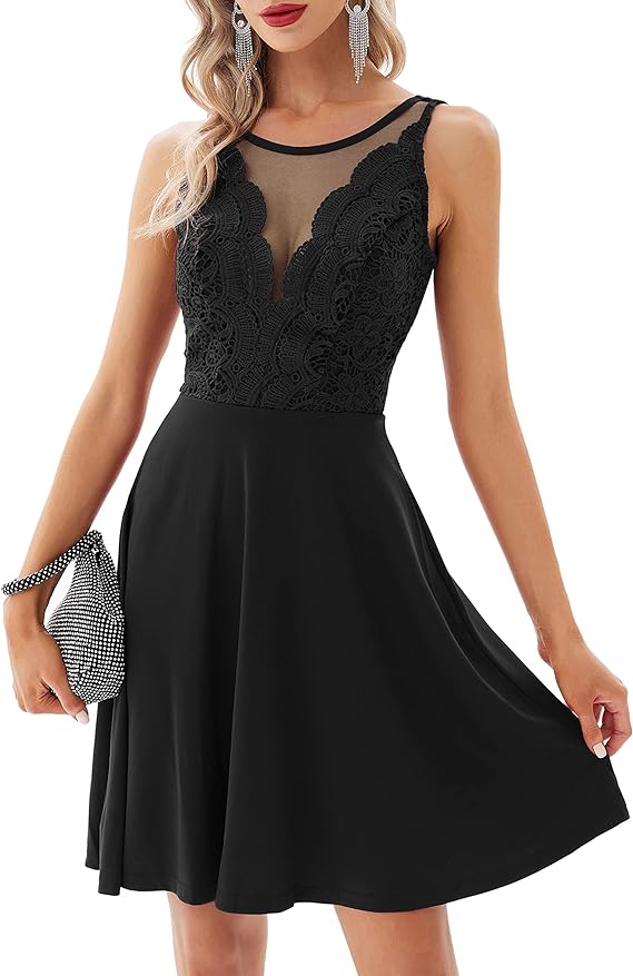 GRACE KARIN Women's Sleeveless Lace Patchwork Cocktail Party A-Line Midi Dress