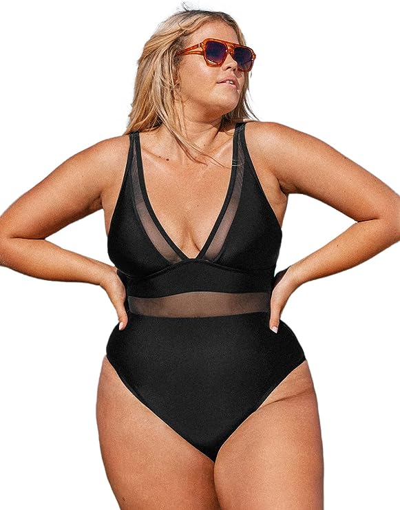 CUPSHE Women Plus Size One Piece Swimsuit V Neck Mesh Sheer Tummy Control Bathing Suit