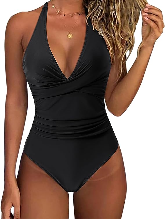 SUUKSESS Women Sexy Tummy Control One Piece Swimsuits Halter Push Up Monokini Bathing Suits (Black, L)