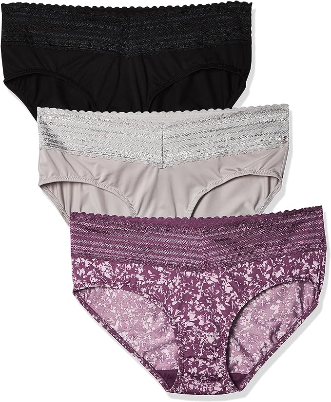 Warner's Women's Blissful Benefits No Muffin Hipster Panties (Amaranth Abstract Print/Black/Platinum, X-Large, Pack of 3)