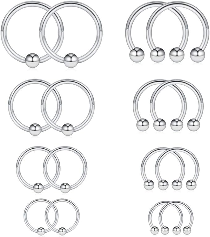 Ruifan 16PCS Surgical Steel Piercing Rings - Silver